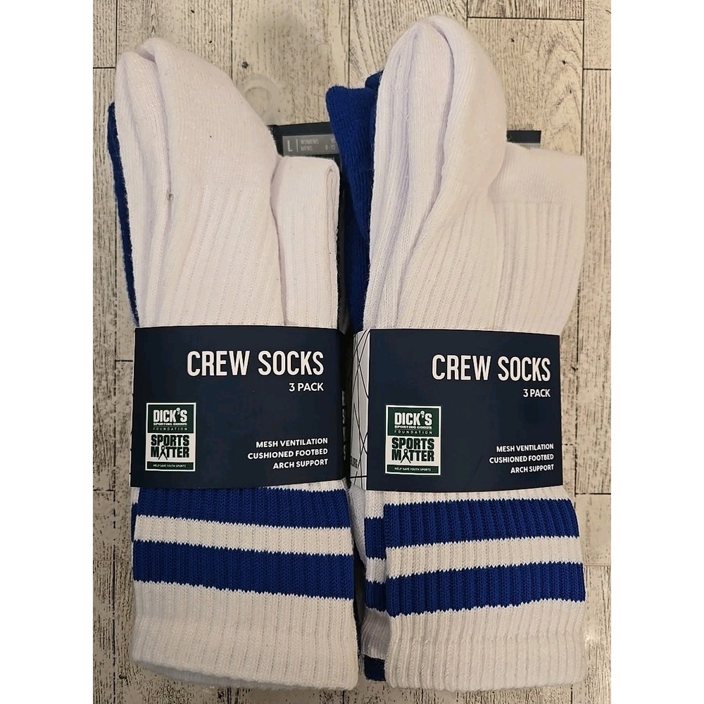 Mens Crew Socks LARGE 3pk Cushioned Arch Blue Baseball Stripe Lot of 2 NEW